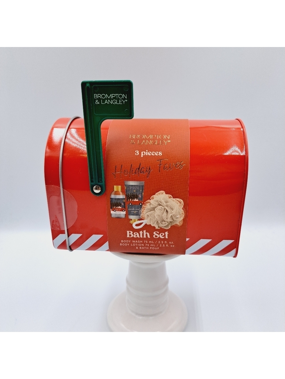 Holiday Tin Mailbox Vanilla Mint Bath & Body Giftbox With Body Wash Lotion, Pouf